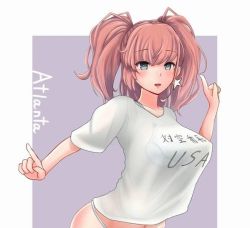 Rule 34 | 1girl, atlanta (kancolle), breasts, brown hair, character name, grey eyes, index fingers raised, kantai collection, large breasts, long hair, panties, r31harutan, shirt, shitty t-shirt naval base, solo, t-shirt, translation request, two side up, underwear, white panties, white shirt