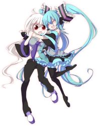 Rule 34 | 2girls, ahoge, aqua hair, blush, detached sleeves, hatsune miku, headset, hug, legs, long hair, multiple girls, pecoe, red eyes, skirt, smile, thighhighs, twintails, very long hair, vocaloid, white hair, yowane haku