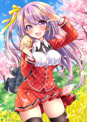 Rule 34 | 1girl, :d, bag, black neckwear, black thighhighs, blue sky, blush, bread slice, breasts, buttons, cherry blossoms, cloud, collared shirt, commentary request, cowboy shot, cropped jacket, day, dress shirt, fang, flower, food, gluteal fold, grass, hair ribbon, hand up, holding, holding food, jacket, kawanobe, long hair, long sleeves, looking at viewer, medium breasts, miniskirt, moe2019, one side up, open clothes, open jacket, open mouth, original, outdoors, petals, pleated skirt, purple eyes, purple hair, red jacket, red skirt, ribbon, school bag, school uniform, shirt, skirt, sky, smile, solo, standing, thighhighs, toast, tree, underbust, white shirt, yellow flower, yellow ribbon