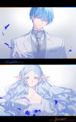 Rule 34 | 1boy, 1girl, absurdres, beckoning, blue eyes, blue flower, blue rose, bouquet, braid, bride, byuey, closed mouth, collarbone, dress, earrings, elf, flat chest, floating hair, flower, formal, french braid, frieren, gloves, green eyes, grey hair, grey necktie, grey vest, groom, hand up, highres, himmel (sousou no frieren), jacket, jewelry, looking at viewer, mole, mole under eye, necktie, parted bangs, petals, pointy ears, reaching, reaching towards viewer, rose, shirt, signature, smile, sousou no frieren, split screen, suit, upper body, vest, wedding, wedding dress, white background, white dress, white flower, white gloves, white hair, white jacket, white rose, white shirt, white suit, wing collar