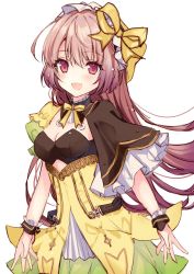 Rule 34 | 1girl, atelier (series), atelier lydie &amp; suelle, blush, bow, bowtie, breasts, cleavage, hairband, highres, hiryuu kanon, long hair, medium breasts, open mouth, pink eyes, pink hair, simple background, skirt, smile, solo, suelle marlen, white background, yellow bow