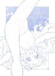 Rule 34 | 1girl, blue theme, blunt bangs, blush, bow, bow panties, breasts, commentary, crotch seam, ellee-chan, hair ribbon, highres, hirogaru sky! precure, kneepits, long hair, looking at viewer, miyagoe yoshitsuki, monochrome, navel, nipples, open mouth, outstretched arms, panties, precure, ribbon, small breasts, smile, spot color, spread arms, spread legs, topless, two side up, underwear, upside-down