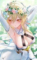 Rule 34 | 1girl, absurdres, alternate breast size, armpits, arms behind head, blonde hair, blush, breasts, cleavage, detached sleeves, flower, genshin impact, hair between eyes, hair flower, hair ornament, head wreath, highres, large breasts, looking to the side, lumine (genshin impact), pottsness, solo, twitter username, white sleeves, yellow eyes