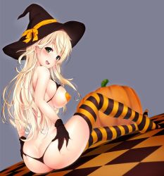 Rule 34 | 10s, 1girl, :d, alternate costume, ass, atago (kancolle), bare shoulders, black gloves, black panties, blonde hair, blush, breasts, butt crack, checkered floor, female focus, gloves, green eyes, halloween, halloween costume, hat, kantai collection, large breasts, long hair, looking at viewer, nironiro, open mouth, panties, pasties, pumpkin, sitting, skindentation, smile, solo, string panties, striped clothes, striped thighhighs, thighhighs, thong, underwear, witch hat