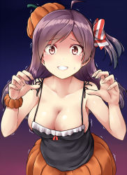 Rule 34 | 1girl, :d, ahoge, alternate costume, bow, breasts, brown eyes, brown hair, cleavage, collarbone, commentary request, cosplay, grin, hagikaze (kancolle), hair bow, hair ornament, hair ribbon, halloween costume, headwear request, highres, kamelie, kantai collection, libeccio (kancolle), libeccio (kancolle) (cosplay), long hair, looking at viewer, matching hair/eyes, medium breasts, no bra, one side up, open mouth, pumpkin pants, ribbon, smile, solo, spaghetti strap, tearing up, tears