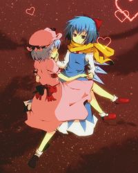 Rule 34 | 2girls, aoi (annbi), blue eyes, blue hair, cirno, cirno-nee, eye contact, hand on another&#039;s face, hat, heart, ice, looking at another, multiple girls, perfect cherry blossom, remilia scarlet, scarf, sitting, sitting on lap, sitting on person, smile, touhou, wings, yuri