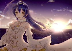 Rule 34 | 1girl, absurdres, artist name, artist request, bare shoulders, blue hair, blue nail polish, blue nails, blush, bracelet, breasts, bridal veil, cleavage, cloud, collarbone, dress, female focus, flower bracelet, fur collar, hair between eyes, hand on own chest, highres, holding, holding clothes, holding skirt, jewelry, long hair, looking at viewer, love live!, love live! school idol festival, love live! school idol project, nail, nail polish, ocean, outdoors, parted lips, pearl bracelet, puffy short sleeves, puffy sleeves, short sleeves, shorts, shorts under skirt, skirt, smile, solo, sonoda umi, star (sky), sunset, swept bangs, tiara, veil, wedding dress, white dress, white skirt, white veil, yellow eyes