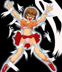 Rule 34 | clothes lift, glasses, grabber tool, laughing, lowres, multiple hands, panties, pink panties, scooby-doo, shirt lift, shoes, skirt, skirt lift, socks, tagme, tickle torture, tickleague, tickling, torture, underwear, velma dace dinkley