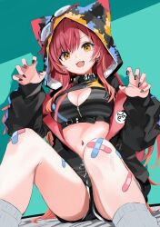 1girl animal_hood bandaid black_collar breasts claw_pose cleavage collar hood large_breasts navel nekota_tsuna nyafx2tama red_hair sitting virtual_youtuber vspo!