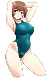 Rule 34 | 1girl, absurdres, arms behind head, blue one-piece swimsuit, breasts, brown eyes, brown hair, commentary request, competition swimsuit, contrapposto, covered erect nipples, covered navel, cowboy shot, cropped legs, highres, large breasts, looking at viewer, nanao futaba, one-piece swimsuit, original, short hair, simple background, solo, swimsuit, white background