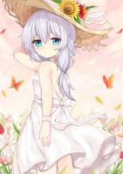 Rule 34 | 1girl, arm up, back bow, beige headwear, blue eyes, bow, breasts, bug, butterfly, choker, closed mouth, falling petals, feet out of frame, flower, hair between eyes, hat, hat flower, honkai (series), honkai impact 3rd, insect, kana (kuaua), light blush, light smile, long hair, looking at viewer, looking back, low-tied long hair, petals, pink flower, poinsettia, red flower, silver hair, simple background, small breasts, solo, standing, straw hat, sunflower, theresa apocalypse, white background, white bow, white choker, wristband, yellow flower, yellow hat