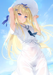 Rule 34 | 1girl, :o, armpits, arms up, blonde hair, blue eyes, blue sky, breasts, commentary request, cowboy shot, day, dress, from below, hands on headwear, hat, highres, lens flare, long hair, looking at viewer, looking down, mignon, original, outdoors, parted lips, sailor collar, sailor dress, see-through, short sleeves, sky, small breasts, solo, sun hat, very long hair, water drop, wet, wet clothes, wet dress, white dress, white hat, white sailor collar
