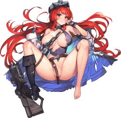 Rule 34 | 1girl, areola slip, blush, boots, breasts, broken, broken weapon, feet, fingerless gloves, full body, gloves, goggles, goggles on head, gun, highres, hime cut, large breasts, last origin, leotard, leprechaun (last origin), long hair, looking at viewer, machine gun, official art, open mouth, paintale, red eyes, red hair, simple background, single boot, solo, spread legs, sweat, tachi-e, torn clothes, torn leotard, transparent background, weapon