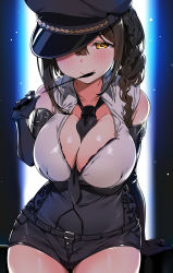 Rule 34 | 1girl, bare shoulders, black neckwear, black shorts, blush, braid, breasts, brown hair, cleavage, closed mouth, elbow gloves, gloves, hair over one eye, hair over shoulder, hat, highres, idolmaster, idolmaster shiny colors, kuwayama chiyuki, large breasts, long braid, long hair, looking at viewer, one eye covered, open mouth, peaked cap, shirt, shorts, single braid, sleeveless, smile, solo, tem10, white shirt, yellow eyes