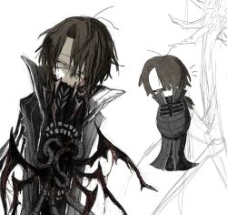 Rule 34 | 1boy, blood, brown hair, cable, coat, gregor (project moon), grey coat, hands in opposite sleeves, highres, library of ruina, limbus company, long sleeves, looking at viewer, low ponytail, male focus, mask, multiple views, project moon, puripur16448985, simple background, the carnival (project moon), white background, yellow eyes