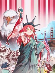 Rule 34 | 1girl, 35p (sakura miko), 3others, absurdres, american flag, bald eagle, bird, cat, cellphone, cosplay, dragon, eagle, english text, engrish text, furry, golden gate bridge, green eyes, highres, holding, holding phone, hololive, hyde (tabakko), long hair, mount rushmore, multiple others, patriotism, phone, ranguage, red hair, sakura miko, selfie, smartphone, statue of liberty, taking picture, united states, virtual youtuber