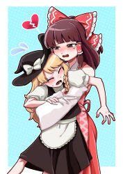 Rule 34 | 2girls, absurdres, apron, black eyes, black headwear, black skirt, black vest, blunt bangs, blush, bow, braid, broken heart, brown hair, closed eyes, commentary request, cookie (touhou), dokagui, dress, feet out of frame, flying sweatdrops, frilled apron, frilled bow, frilled hair tubes, frills, hair bow, hair tubes, hakurei reimu, hat, hat bow, heart, highres, hug, kirisame marisa, long hair, looking at another, multiple girls, open mouth, pink apron, puffy short sleeves, puffy sleeves, red bow, red dress, rurima (cookie), shirt, short sleeves, side braid, single braid, skirt, sleeveless, sleeveless dress, suzu (cookie), tearing up, touhou, vest, waist apron, white apron, white bow, white shirt, witch hat