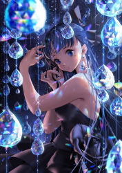 Rule 34 | 1girl, black dress, blue eyes, blue hair, bow, breasts, closed mouth, diamond (gemstone), dress, fingernails, from side, grey bow, hair bow, hands up, lilithbloody, long hair, looking at viewer, looking to the side, medium breasts, mole, mole under eye, nail polish, original, pink nails, sideboob, smile, solo, starry sky print, strapless, strapless dress, upper body