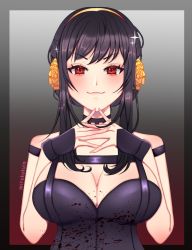 Rule 34 | &gt;:), 1girl, :3, absurdres, artist name, bident, black dress, black gloves, black hair, blood, blood on clothes, breasts, cleavage, closed mouth, dress, eyelashes, fingerless gloves, flower, gloves, gold hairband, hair flower, hair ornament, hairband, highres, large breasts, mirukukuin, polearm, red eyes, rose, short hair with long locks, solo, spy x family, v-shaped eyebrows, yor briar