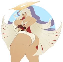 Rule 34 | 1girl, ass, breasts, curvy, female focus, guilty gear, halo, huge ass, huge breasts, jack-o&#039; valentine, kokobuttz, looking back, shorts, thick thighs, thighs, white hair