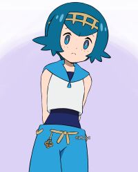 Rule 34 | 1girl, arms behind back, blue eyes, blue hair, blue pants, blue sailor collar, bright pupils, closed mouth, commentary, creatures (company), freckles, frown, game freak, hairband, jiffy0v0, lana (pokemon), looking down, nintendo, no sclera, one-piece swimsuit, pants, pokemon, pokemon sm, purple background, sailor collar, shirt, short hair, sleeveless, sleeveless shirt, solo, swimsuit, swimsuit under clothes, watermark, white pupils, white shirt, yellow hairband