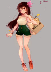 Rule 34 | 1girl, alternate costume, bag, beige blouse, brown hair, casual, commentary request, commission, crescent, green shorts, grey background, grey scrunchie, hair ornament, kantai collection, kisaragi (kancolle), kome (vm500), long hair, looking at viewer, nail polish, red eyes, scrunchie, shopping bag, shorts, simple background, solo, standing, toeless footwear, toenail polish, toenails, wrist scrunchie