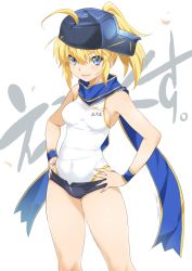 Rule 34 | 1girl, artist name, artoria pendragon (fate), baseball cap, black shorts, blue hat, blue scarf, breasts, character name, clothes writing, commentary request, covered navel, fate/grand order, fate (series), hair through headwear, hands on own hips, hat, highres, inoue sora, looking at viewer, medium hair, micro shorts, mysterious heroine x (fate), one-piece swimsuit, open mouth, ponytail, scarf, shorts, sideways hat, signature, simple background, small breasts, smile, solo, standing, swimsuit, text background, white background, white one-piece swimsuit, wristband