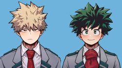 Rule 34 | 2boys, bakugou katsuki, black outline, blazer, blonde hair, blue background, blush, boku no hero academia, bright pupils, closed mouth, collared shirt, commentary, curly hair, dated commentary, freckles, frown, green eyes, green hair, hair between eyes, highres, jacket, looking at viewer, male focus, midoriya izuku, modo (modo s2), multiple boys, necktie, outline, raised eyebrows, red eyes, red necktie, sanpaku, school uniform, shirt, short hair, side-by-side, simple background, smile, spiked hair, straight-on, u.a. school uniform, upper body, v-shaped eyebrows, white pupils, white shirt, wing collar