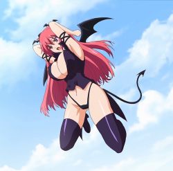 Rule 34 | 1girl, boots, breasts, bursting breasts, cleavage, cloud, day, demon girl, demon tail, demon wings, firika mia shatana, head wings, highres, huge breasts, long hair, nukidoki!, poro, purple eyes, red hair, screencap, sky, solo, demon girl, tail, thigh boots, thighhighs, twintails, wings