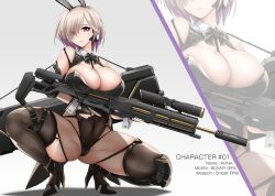 Rule 34 | 1girl, akatsuki akane, animal ears, bare shoulders, black leotard, black thighhighs, breasts, cameltoe, character name, closed mouth, covered navel, fake animal ears, gradient background, grey background, gun, hair over one eye, high heels, highleg, highleg leotard, highres, holding, holding gun, holding weapon, large breasts, leotard, looking at viewer, mole, mole under eye, one eye covered, original, purple eyes, rabbit ears, rifle, short hair, simple background, sniper rifle, solo, squatting, suppressor, thighhighs, thighs, trigger discipline, weapon, white hair, wrist cuffs, zoom layer