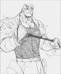 Rule 34 | 1boy, arknights, bad id, bad twitter id, bara, black tank top, cowboy shot, driedwarek, facial hair, furry, furry male, goatee, greyscale, large pectorals, looking at viewer, male focus, monochrome, mountain (arknights), muscular, muscular male, pectoral cleavage, pectorals, scar, scar across eye, short hair, shoulder spikes, sketch, solo, spikes, tank top, thick eyebrows, tiger boy, traditional media