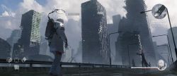 Rule 34 | 1girl, 6+others, absurdres, asteroid ill, building, cloud, cloudy sky, coat, fake screenshot, full body, gloves, guard rail, halo, heads-up display, health bar, highres, lamppost, long sleeves, mechanical halo, minimap, monster, multiple others, observer (asteroid ill), original, outdoors, road, sky, standing, street, walking, white coat, white gloves, white hair