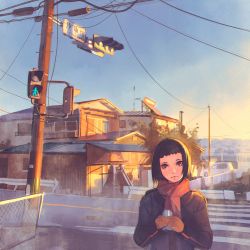 Rule 34 | 1girl, antennae, blue sky, brown eyes, brown gloves, brown hair, building, can, car, chain-link fence, coat, conductor, crosswalk, day, drink can, fence, gloves, head tilt, highres, house, ilya kuvshinov, looking at viewer, manhole, manhole cover, motor vehicle, original, outdoors, pedestrian lights, plant, pole, real world location, red scarf, road, road sign, scarf, short hair, sign, sky, soda can, solo, street, traffic light, tree, upper body, winter clothes, winter coat