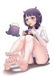 Rule 34 | 1girl, absurdres, bare legs, barefoot, blue shorts, blunt bangs, collarbone, commentary, controller, cookie, english commentary, extra ears, feet, food, foreshortening, game controller, hair ornament, hands up, headphones, headphones around neck, highres, holding, hololive, hololive english, huan ye, knees up, legs, legs together, medium hair, mouth hold, ninomae ina&#039;nis, ninomae ina&#039;nis (loungewear), pointy ears, purple eyes, purple hair, shadow, shirt, shorts, sidelocks, simple background, soles, solo, t-shirt, takodachi (ninomae ina&#039;nis), thighs, toe scrunch, toenails, toes, virtual youtuber, white background, white shirt