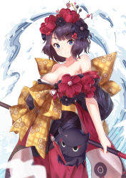 Rule 34 | 1girl, absurdres, bare shoulders, bird, black eyes, black hair, blue eyes, blurry, blush, bow, breasts, calligraphy brush, cleavage, closed mouth, collarbone, cowboy shot, fate/grand order, fate (series), floating, flower, hair flower, hair ornament, hair stick, highres, holding, holding staff, holmemee, japanese clothes, katsushika hokusai (fate), kimono, large bow, looking at viewer, medium breasts, obi, off shoulder, paintbrush, red kimono, sash, short hair, simple background, smile, solo, splashing, staff, standing, tareme, tentacles, water, white background, yellow bow