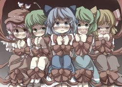 Rule 34 | 5girls, bdsm, blonde hair, blue eyes, blue hair, bondage, bound, bound together, cirno, commentary request, daiyousei, gaoo (frpjx283), green eyes, green hair, multiple girls, mystia lorelei, red eyes, red hair, ribbon, rumia, scared, team 9 (touhou), tears, touhou, wriggle nightbug