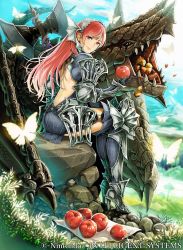 Rule 34 | 1girl, apple, armor, armored boots, ass, axe, backless outfit, battle axe, boots, breastplate, bug, butterfly, cherche (fire emblem), company connection, copyright name, daigoman, dragon, fire emblem, fire emblem awakening, fire emblem cipher, food, fruit, garter straps, gauntlets, high heel boots, high heels, holding, bug, long hair, looking at viewer, looking back, minerva (fire emblem awakening), nintendo, official art, outdoors, pauldrons, pink hair, red eyes, sharp teeth, shoulder armor, sitting, smile, teeth, thigh boots, thighhighs, weapon, wyvern, zettai ryouiki