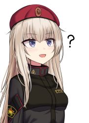 Rule 34 | 1girl, ?, ak74m (girls&#039; frontline), beret, blue eyes, blush, cyrillic, girls&#039; frontline, hat, highres, jacket, md5 mismatch, open mouth, red star, short hair, solo, star (sky), star (symbol), tagme, very short hair, white background, white hair, yakob labo