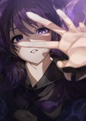 Rule 34 | 1girl, absurdres, asahina mafuyu, black sailor collar, black shirt, blurry, blurry foreground, cute mdr, depth of field, from above, hand up, highres, long sleeves, looking at viewer, neckerchief, parted lips, project sekai, purple eyes, purple hair, purple neckerchief, reaching, reaching towards viewer, sailor collar, school uniform, serafuku, shirt, solo, teeth, upper body