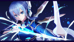 Rule 34 | 1girl, armor, arrow (projectile), asymmetrical sleeves, blue armor, blue background, blue eyes, blue hair, blue sleeves, bow (weapon), breastplate, gloves, hair between eyes, highres, holding, holding arrow, holding bow (weapon), holding weapon, masamune tokunaga, parted lips, short hair with long locks, shoulder armor, sidelocks, sinon (solus), solo, sword art online, sword art online: alicization, uneven sleeves, upper body, weapon, white gloves