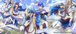 Rule 34 | 3girls, armor, belt, blue eyes, blue hair, blue sky, boots, breastplate, cape, circlet, cloud, commentary, company connection, copyright name, day, dress, elbow gloves, feathers, fire emblem, fire emblem: the binding blade, fire emblem cipher, gloves, highres, holding, holding weapon, horns, horseback riding, jewelry, juno (fire emblem), looking at viewer, multiple girls, nintendo, outdoors, pegasus, pegasus knight uniform (fire emblem), polearm, riding, shanna (fire emblem), short dress, short sleeves, shoulder pads, siblings, single horn, sky, smile, thea (fire emblem), thigh boots, thighhighs, wadadot lv, weapon, white dress, white footwear, wings