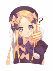 Rule 34 | 1girl, :t, ?, abigail williams (fate), aiee, black bow, black dress, black hat, blonde hair, blue eyes, blush, bow, bug, butterfly, cake, cake slice, chair, closed mouth, dress, eating, fate/grand order, fate (series), food, food on face, forehead, fork, hair bow, hat, head tilt, highres, holding, holding fork, insect, long hair, long sleeves, looking at viewer, on chair, orange bow, parted bangs, polka dot, polka dot bow, simple background, sitting, sleeves past fingers, sleeves past wrists, solo, very long hair, wavy mouth, white background