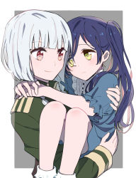Rule 34 | 2girls, age difference, arms around neck, bare legs, blue dress, blue hair, border, carrying, closed mouth, commentary request, dress, epaulettes, green jacket, grey background, holding another&#039;s hair, jacket, long hair, long sleeves, looking at another, multiple girls, original, princess carry, red eyes, short hair with long locks, smile, sou (tuhut), twintails, white border, white hair, yellow eyes, yuri