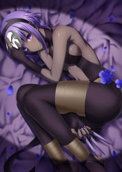 Rule 34 | 1girl, absurdres, bare shoulders, black gloves, black pantyhose, blush, breasts, cleavage, dark-skinned female, dark skin, emanon123, fate/grand order, fate/prototype, fate/prototype: fragments of blue and silver, fate (series), fingerless gloves, gloves, hairband, hassan of serenity (fate), highres, holding, holding knife, holding weapon, knife, kunai, looking at viewer, lying, mask, pantyhose, petals, purple eyes, purple hair, short hair, solo, thighhighs, unworn mask, weapon