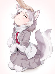 Rule 34 | 1girl, ^ ^, afterimage, animal ear fluff, animal ears, asutora, blazer, blush, closed eyes, commentary, dog (shiba inu) (kemono friends), dog ears, dog tail, elbow gloves, fur-trimmed sleeves, fur trim, gloves, grey background, grey hair, grey jacket, grey skirt, headpat, highres, jacket, kemono friends, miniskirt, multicolored hair, necktie, pantyhose, paw pose, pleated skirt, red neckwear, scarf, seiza, shirt, short hair, short sleeves, simple background, sitting, skirt, smile, solo focus, tail, tail wagging, white gloves, white pantyhose, white scarf, white shirt