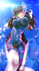 Rule 34 | 1girl, arms behind head, bad id, bad pixiv id, blue sky, blurry, bodysuit, breasts, brown eyes, brown hair, covered navel, cowboy shot, d.va (overwatch), day, depth of field, facepaint, facial mark, gloves, grin, hair between breasts, headphones, large breasts, legs together, long hair, looking at viewer, mecha, meka (overwatch), one eye closed, outdoors, overwatch, overwatch 1, pilot suit, robot, ryouma (galley), skin tight, sky, smile, solo, sunlight, swept bangs, whisker markings, white gloves