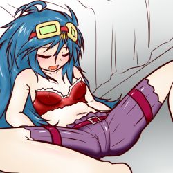 Rule 34 | 1girl, artist request, belt, blue hair, blush, duel monster, goggles, gradient background, long hair, midriff, navel, open mouth, shorts, sitting, slacker magician, sleeping, solo, spread legs, yu-gi-oh!
