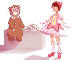 Rule 34 | 2girls, absurdres, animal costume, asymmetrical hair, bear costume, blush, brown hair, bubble skirt, cosplay, costume switch, creature, crossover, dress, frilled dress, frilled legwear, frills, gloves, hair ornament, hairclip, highres, hpluskid6667, iwakura lain, iwakura lain (cosplay), jewelry, kaname madoka, kaname madoka (cosplay), kyubey, long sleeves, magical girl, mahou shoujo madoka magica, mahou shoujo madoka magica (anime), multiple girls, necklace, parted lips, pink dress, pink footwear, pink hair, puffy short sleeves, puffy sleeves, serial experiments lain, shadow, shoes, short hair, short sleeves, sitting, skirt, smile, socks, standing, white gloves, x hair ornament