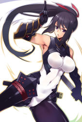 Rule 34 | 1girl, akinaie, black gloves, black hair, bodysuit, breasts, covered navel, elbow gloves, female focus, gloves, hair ribbon, large breasts, nagi (sennen sensou aigis), ponytail, ribbon, sennen sensou aigis, sheath, simple background, solo, sword, unsheathed, weapon, white background