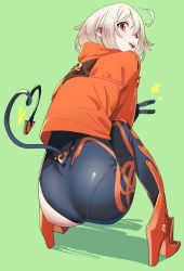 Rule 34 | 1girl, :d, ahoge, ass, black bodysuit, bodysuit, boots, collared jacket, from behind, full body, green background, heart, henken, high heel boots, high heels, highres, jacket, looking at viewer, looking back, mechanical tail, medium hair, open mouth, orange footwear, orange jacket, original, purple eyes, simple background, skin tight, smile, solo, squatting, star (symbol), tail, v, white hair